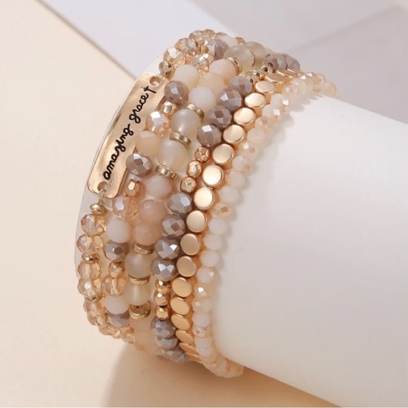 Amazing Grace Cross Gold and Cream Beaded Bracelet Set - Picture 4 of 4